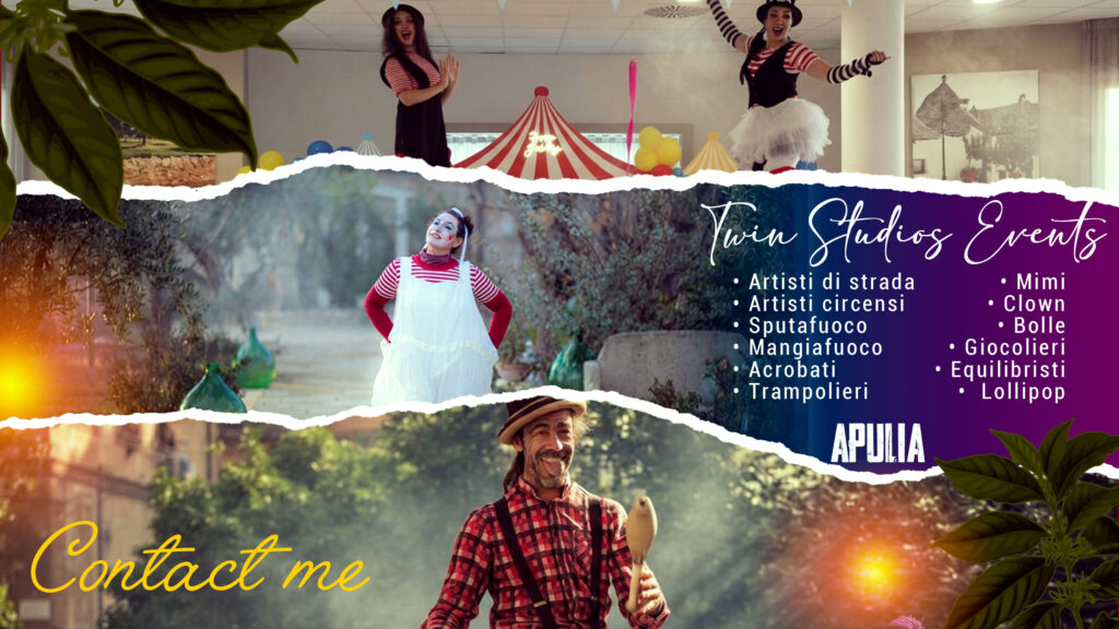 TwinStudios Events Lecce offre spettacoli magici, acrobatici e servizi per eventi indimenticabili: giocoleria, mangiafuoco, bolle di sapone, trucca bimbi, mascotte, gonfiabili, zucchero filato, pop corn, crepes ed effetti pirotecnici Sparkular per il taglio torta. Intrattenimento per grandi e piccini a Lecce e provincia.