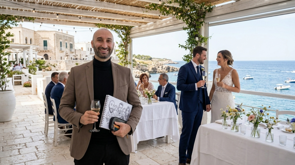 Guida pratica su come scegliere il caricaturista ideale per il matrimonio. Scopri 4 consigli fondamentali: l'importanza del contatto diretto, la valutazione dello stile artistico, il metodo di lavoro con postazione fissa e la gestione della trasferta. Carmelo de Carlo, caricaturista esperto in matrimoni in Puglia e Salento, condivide la sua esperienza per rendere il vostro giorno indimenticabile.