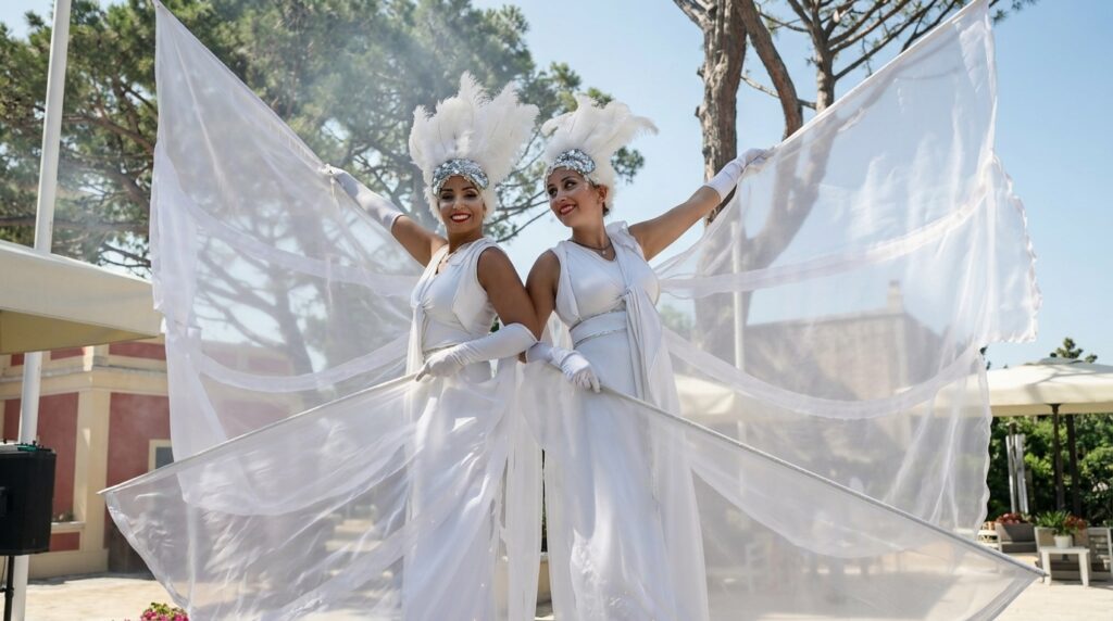 Spettacolo itinerante di trampolieri a Lecce con costumi luminosi bianchi d'ispirazione vittoriana, bolle di sapone, musica e carretto luminoso. Performance artistica per eventi, feste, parate, Carnevale e Natale, adatta a tutte le età e a ogni tipo di celebrazione.