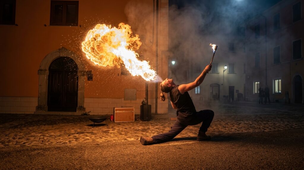 Spettacolo di giocolieri, mangiafuoco e sputafuoco in Puglia, ideale per eventi privati, matrimoni, feste di paese e aziendali. Artisti di strada professionisti offrono uno show emozionante e adrenalinico, con tecniche spettacolari e giochi di fuoco. Disponibile in Lecce, Bari, Brindisi, Taranto e Foggia, lo spettacolo garantisce intrattenimento di grande impatto per tutte le età.